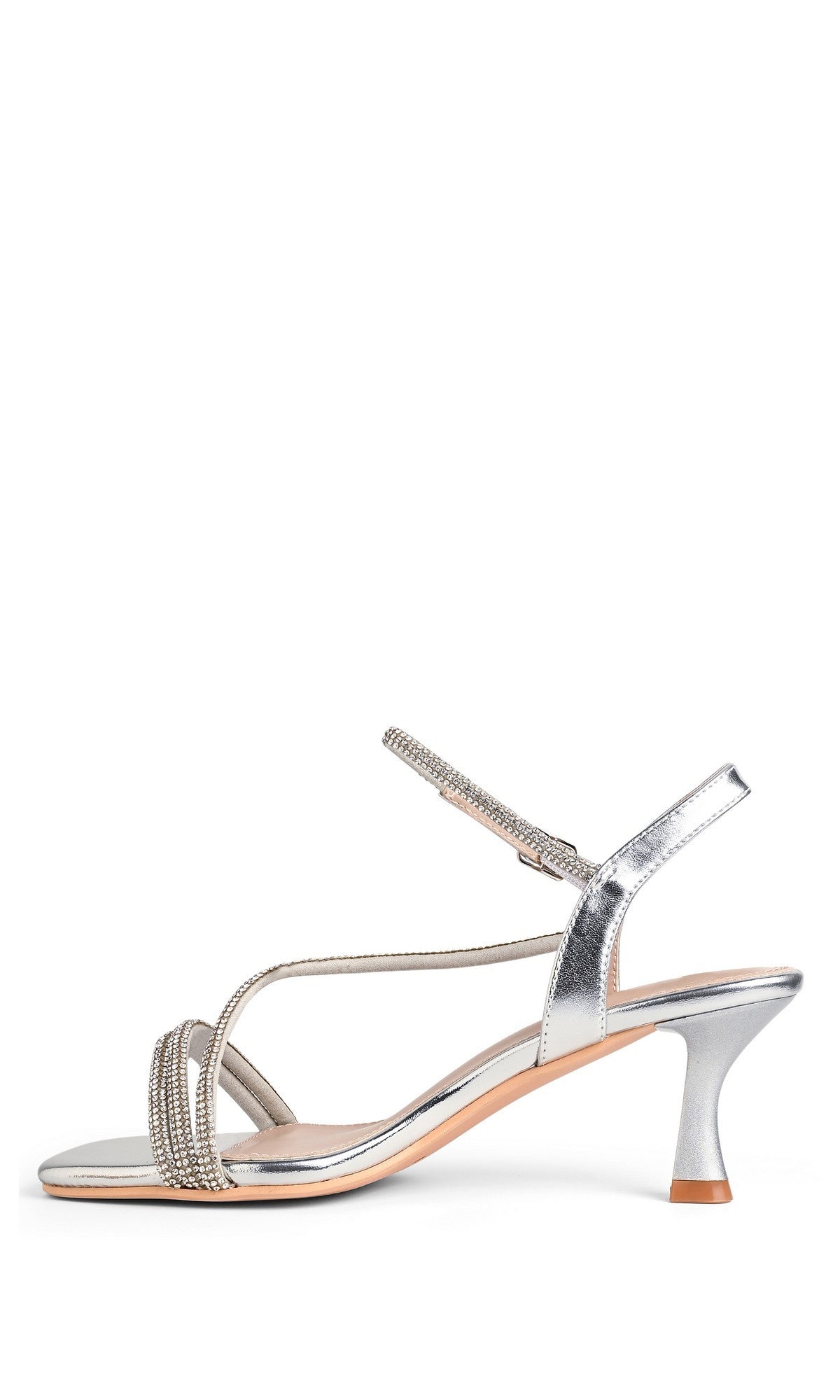 Tiffany Silver Prom Shoes: Touch Ups 4757 feature a mid-height heel, open toe, thin rhinestone-adorned straps, and an ankle strap with buckle—elegant crystal-embellished sandals ideal as low-heel prom shoes.